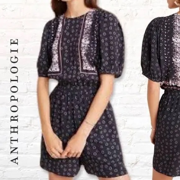 Anthropologie Pants - Dolan Anthropologie Black Floral Romper Puff Sleeve Flowy Size M NEW